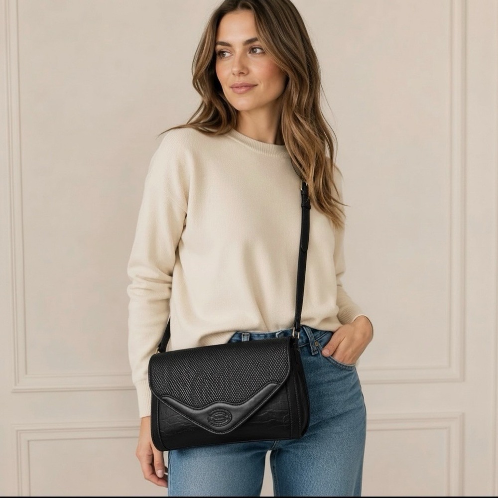 Oroton Vintage Black Leather Crossbody Bag Woven Flap Shoulder Bag Australia